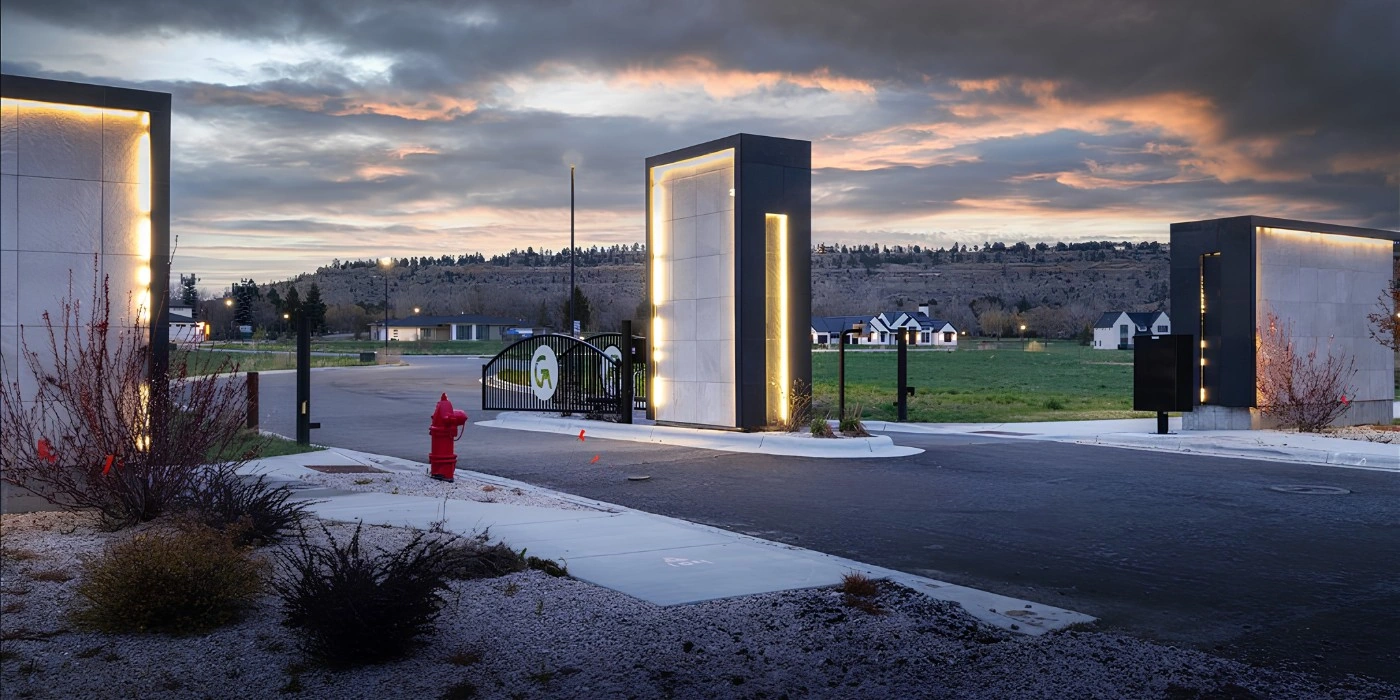 Glynn Abbey entrance illuminated at dusk